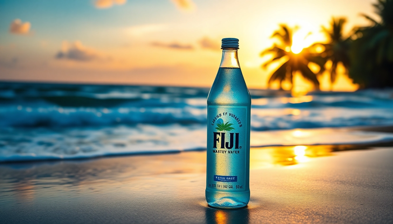 Enjoy Fiji water, a pristine bottled beverage, situated against a backdrop of a tropical beach at sunset.