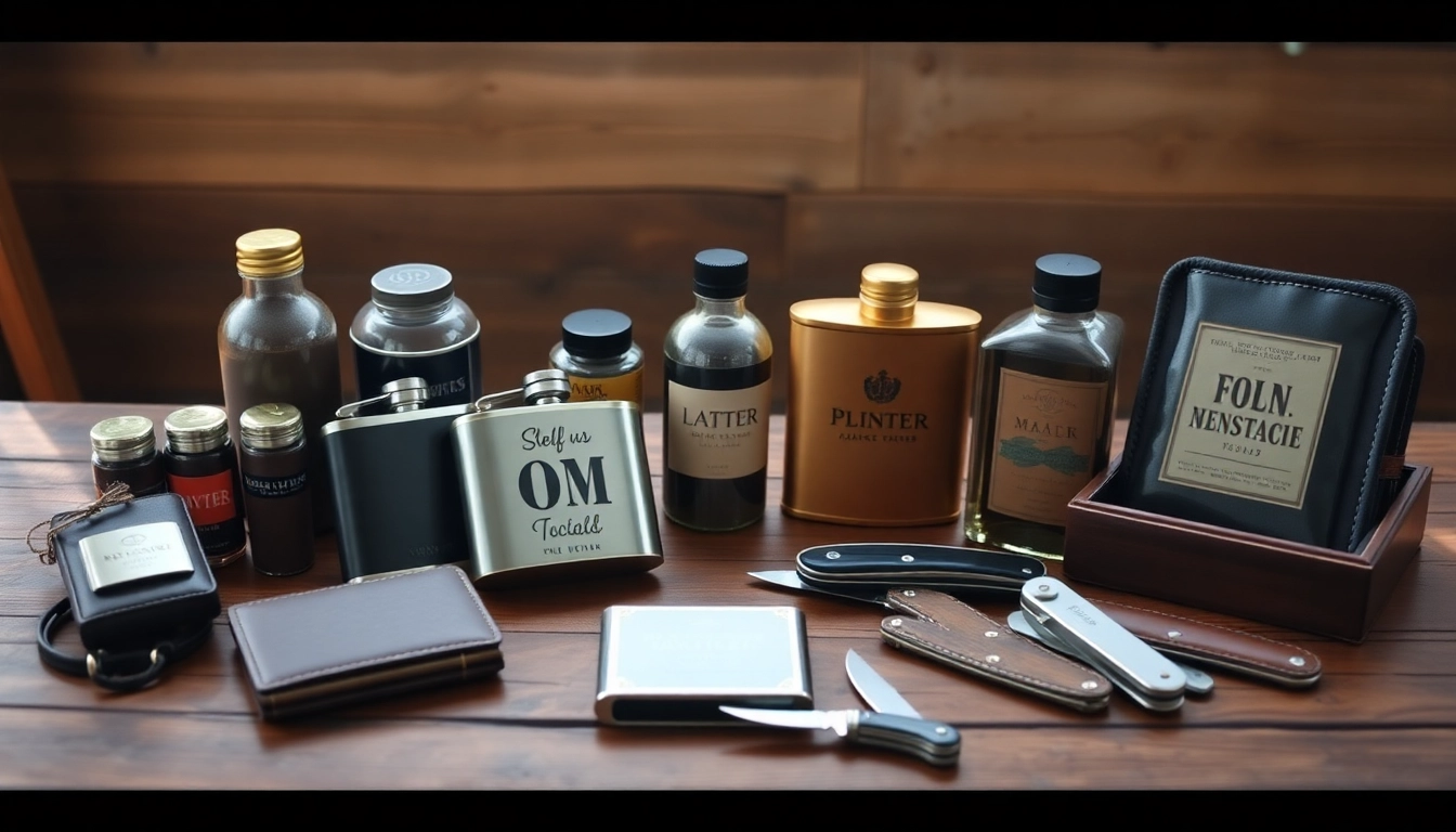 Explore unique cheap groomsmen gifts such as personalized flasks and pocket knives displayed beautifully.