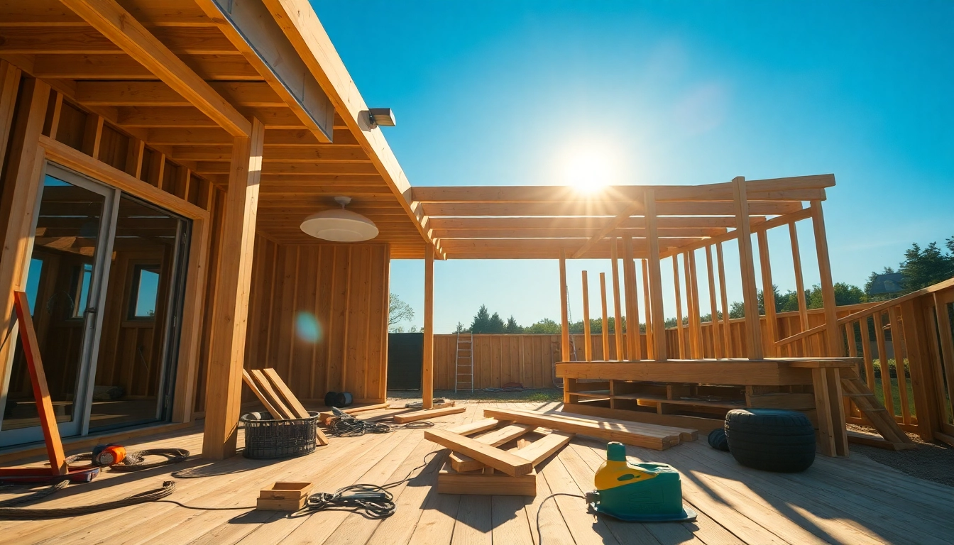 Engaging view of a deck construction process highlighting essential materials and tools used in deck building.