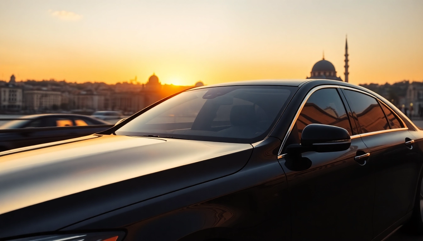 Experience a cheap chauffeur service ISTANBUL with a luxury car set against a vibrant city sunset.