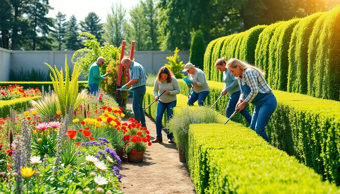 Garden maintenance team actively nurturing plants and flowers, ensuring vibrant growth and health.