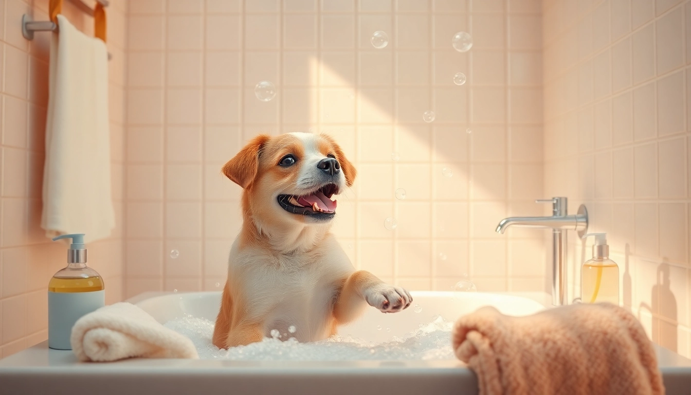 Pamper your pet with a soothing bath in a beautifully lit bathroom, showcasing playful bubbles and fluffy towels.