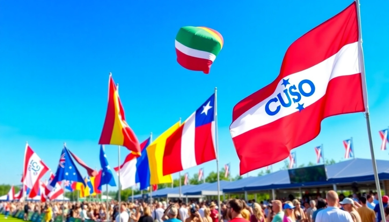 Designing custom flags Ireland with vibrant colors and unique logos at an outdoor event.