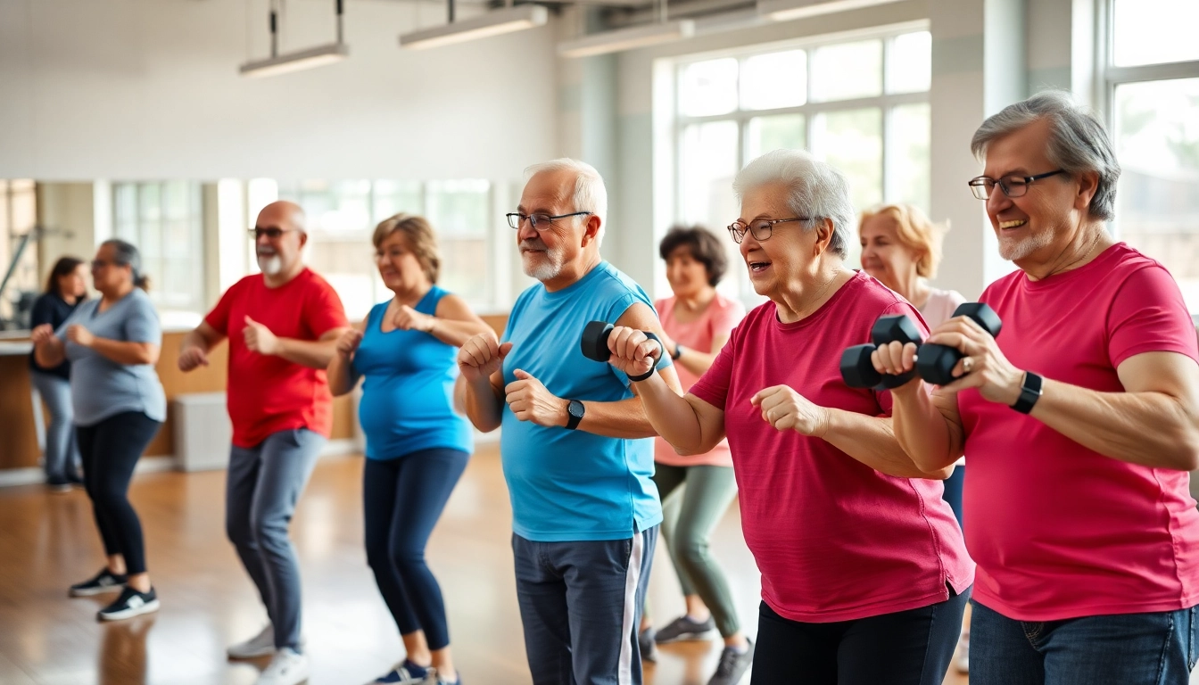 Engaging senior fitness training class with older adults using resistance bands and dumbbells.