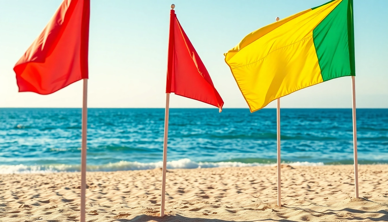 Beach flags waving in the wind at a sunny beach, signaling safety conditions for swimmers.