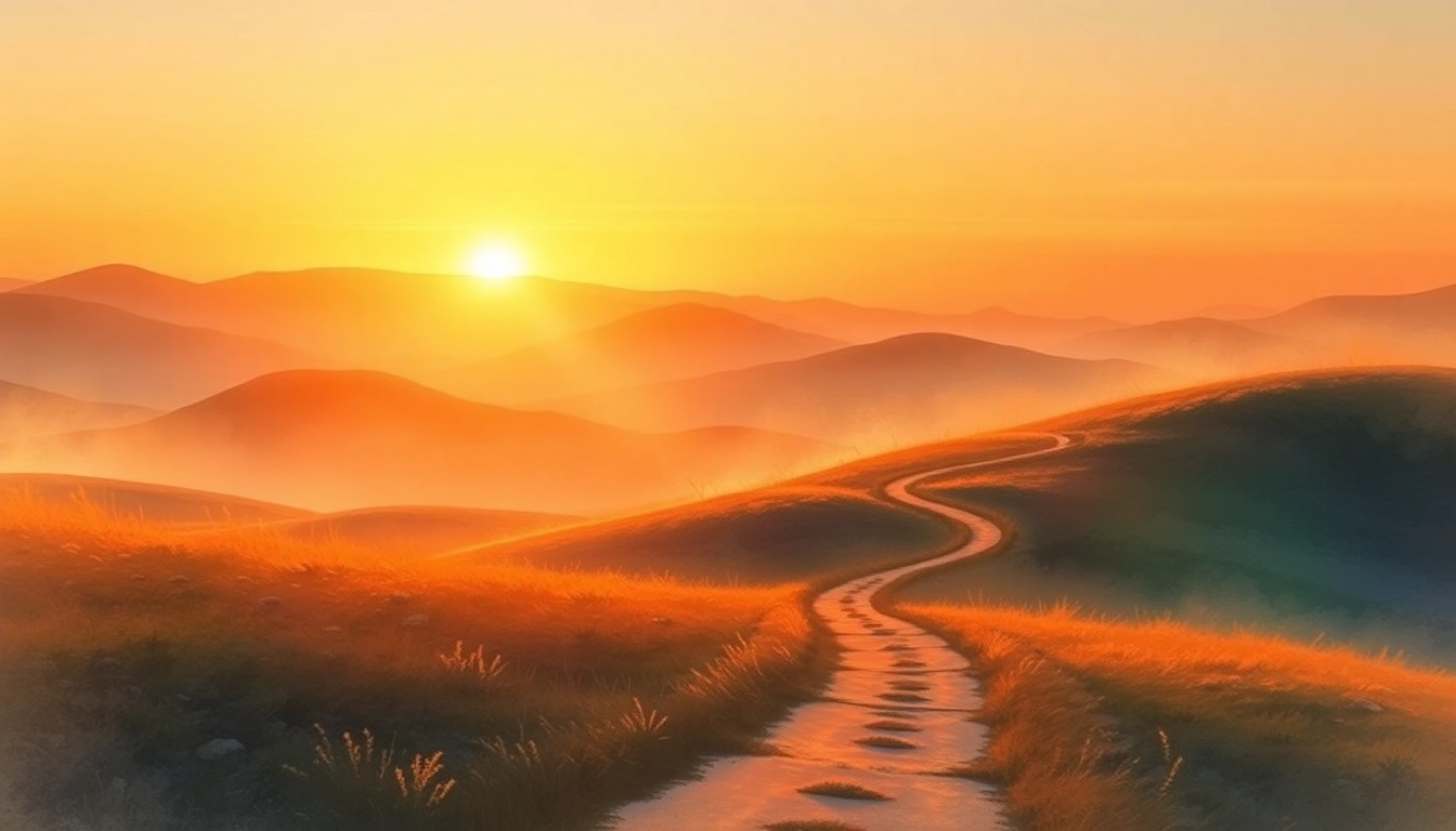 Explore the serene landscape here with a sunset illuminating a winding path in soft golden light.