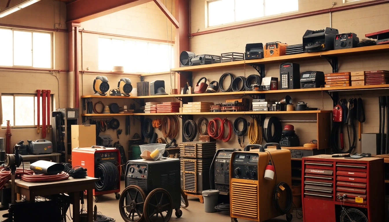 Explore welding supplies near me with an assortment of tools and equipment displayed in a vibrant workshop.