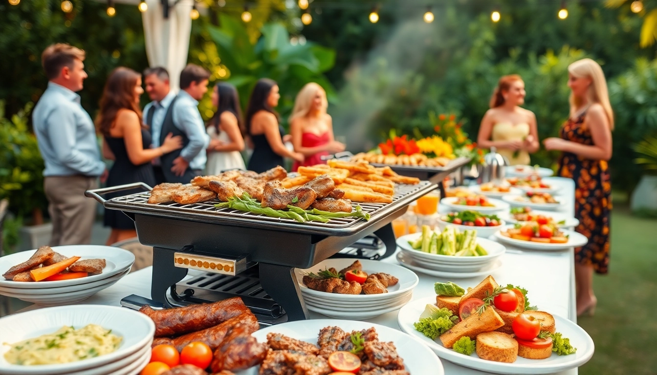 Enjoy Hochzeit Grill Catering für Berlin with an inviting outdoor buffet of grilled delicacies, creating a festive atmosphere.