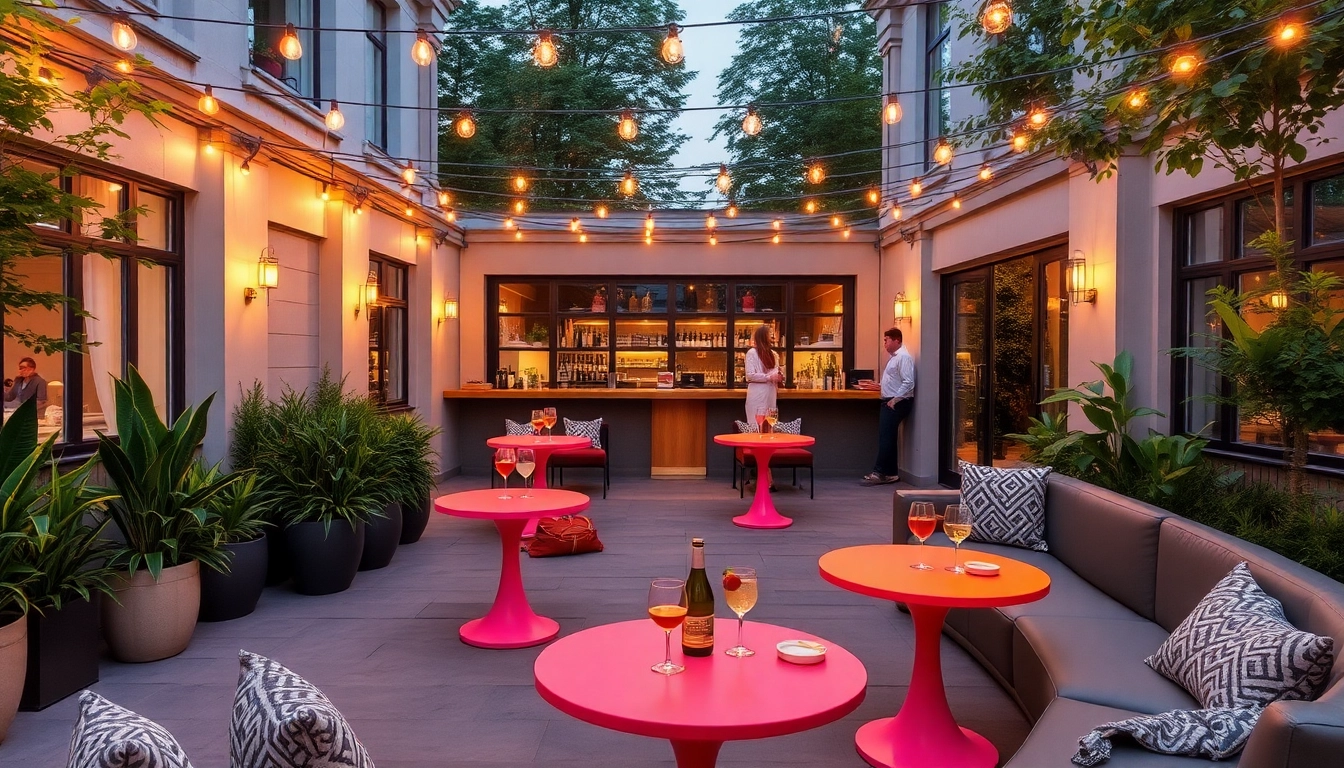 Experience Unique Berlin Events with a chic outdoor after-work party setup featuring cocktail tables and ambient lighting.