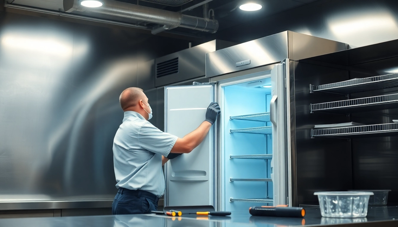 Technician performing commercial refrigerator repair in a modern kitchen environment.