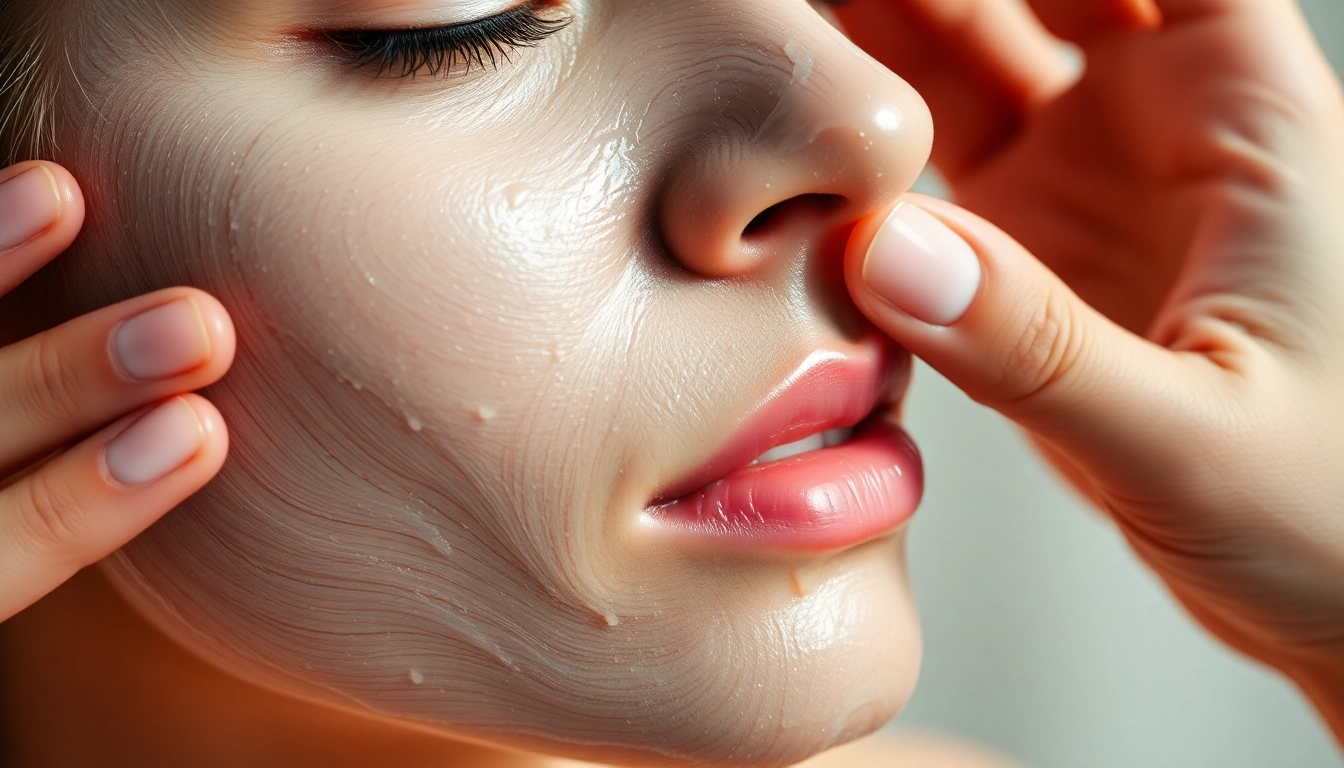 Woman applying a hydrating face mask with vibrant colors and smooth texture.