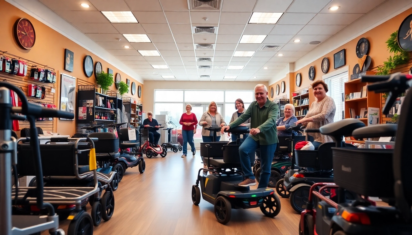 Mobility equipment displayed in a welcoming showroom, showcasing diverse options for enhanced mobility.
