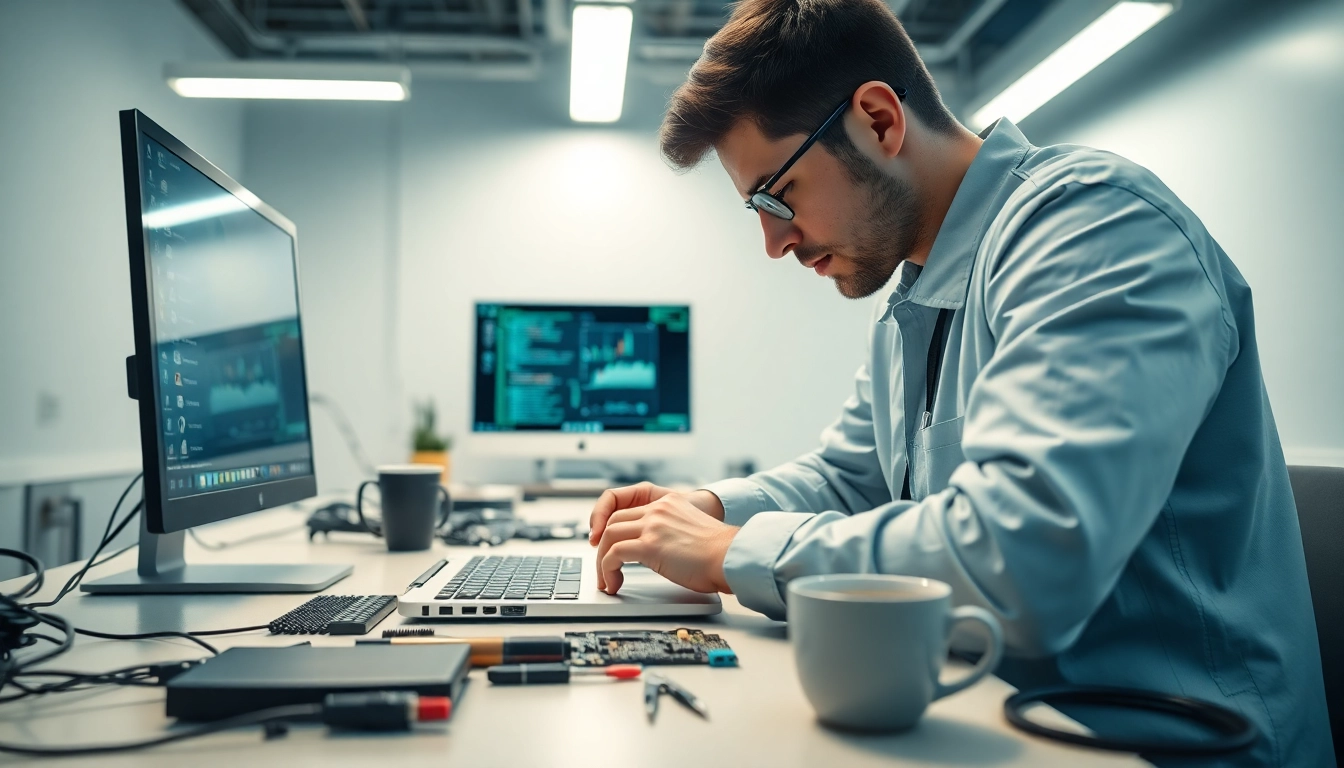 Riparazione computer settimo torinese con tecnico professionista che ripara un laptop in un ambiente moderno.