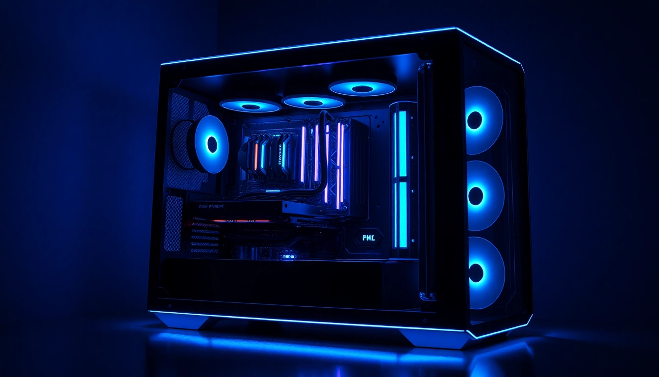 Showcase a stylish custom gaming pc case with illuminated RGB features and transparent panels.
