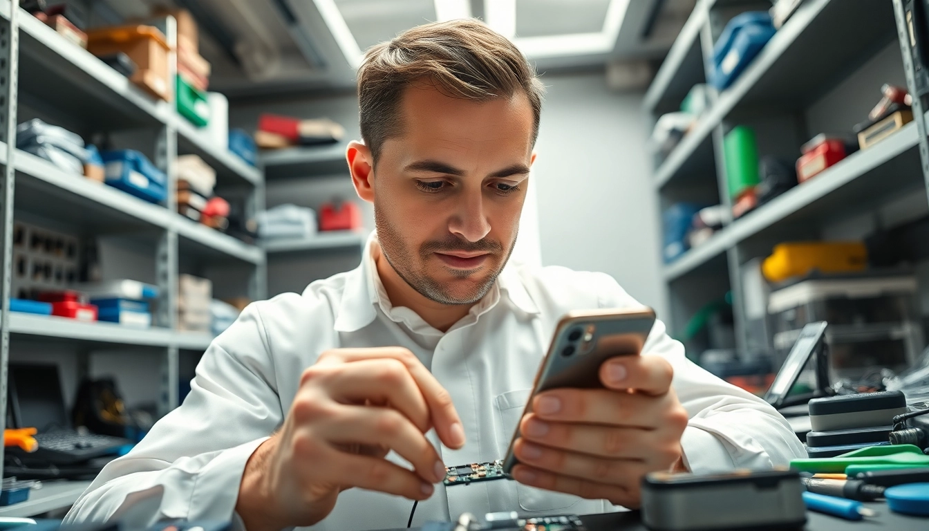Riparazione cellulari a Torino con un tecnico esperto che lavora su uno smartphone.