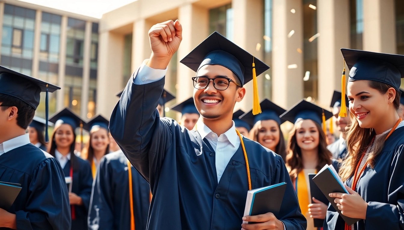 Buy master degree UK in a joyful graduation scene with diverse students celebrating.