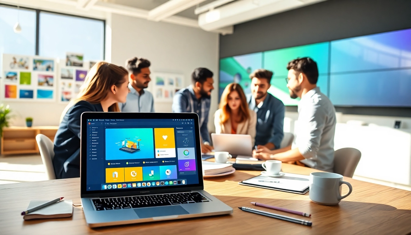 Show designers using AI design tools for businesses in a collaborative workspace