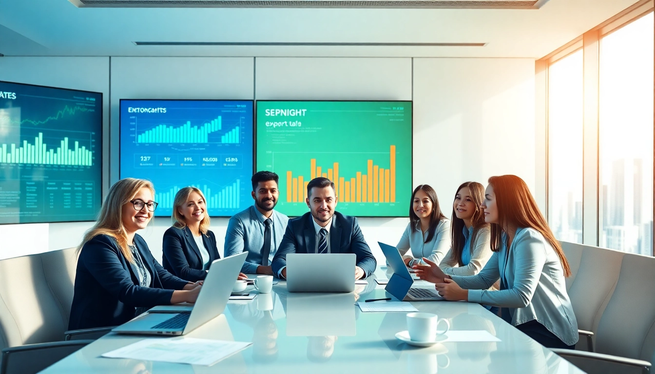 Analyze export tariffs during a vibrant business meeting with diverse professionals.