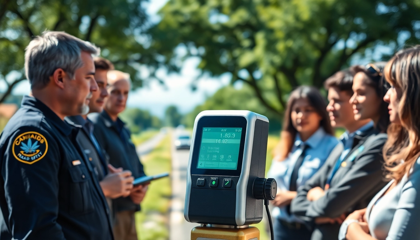 Marijuana impairment test conducted outdoors with officials evaluating a high-tech detection device.