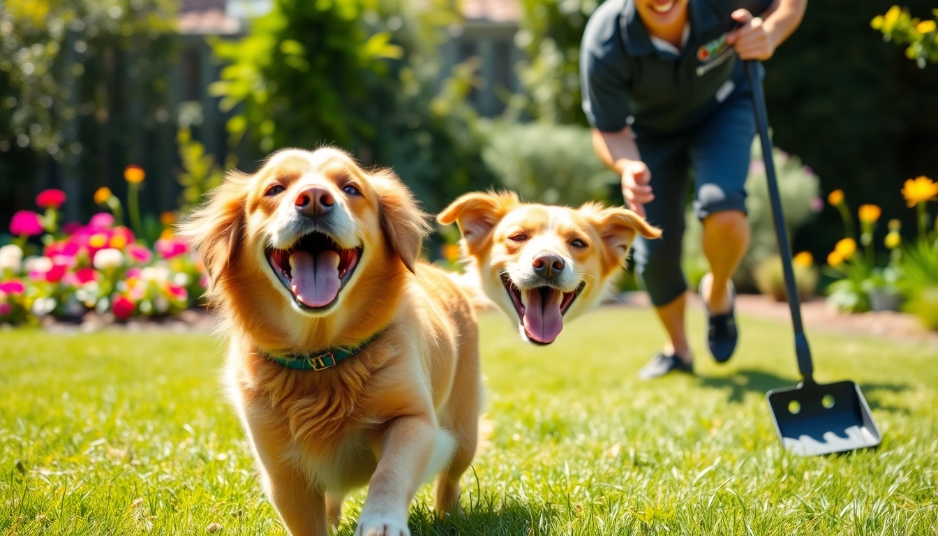 Weekly dog poop scooping by a professional technician in a sunny backyard with a happy dog.