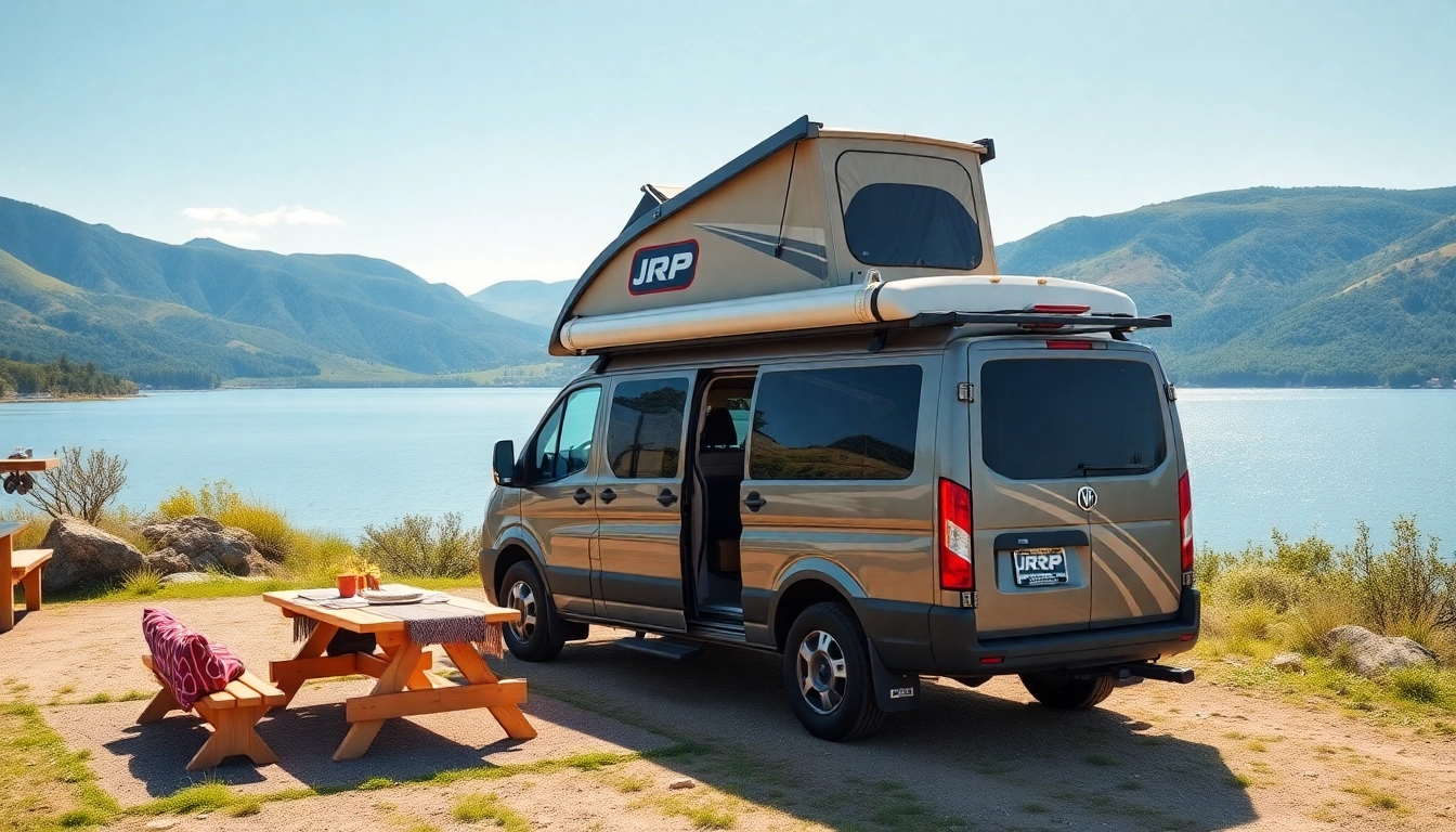 Experience JRP Campers at a picturesque outdoor setting with a modified van by the lake.