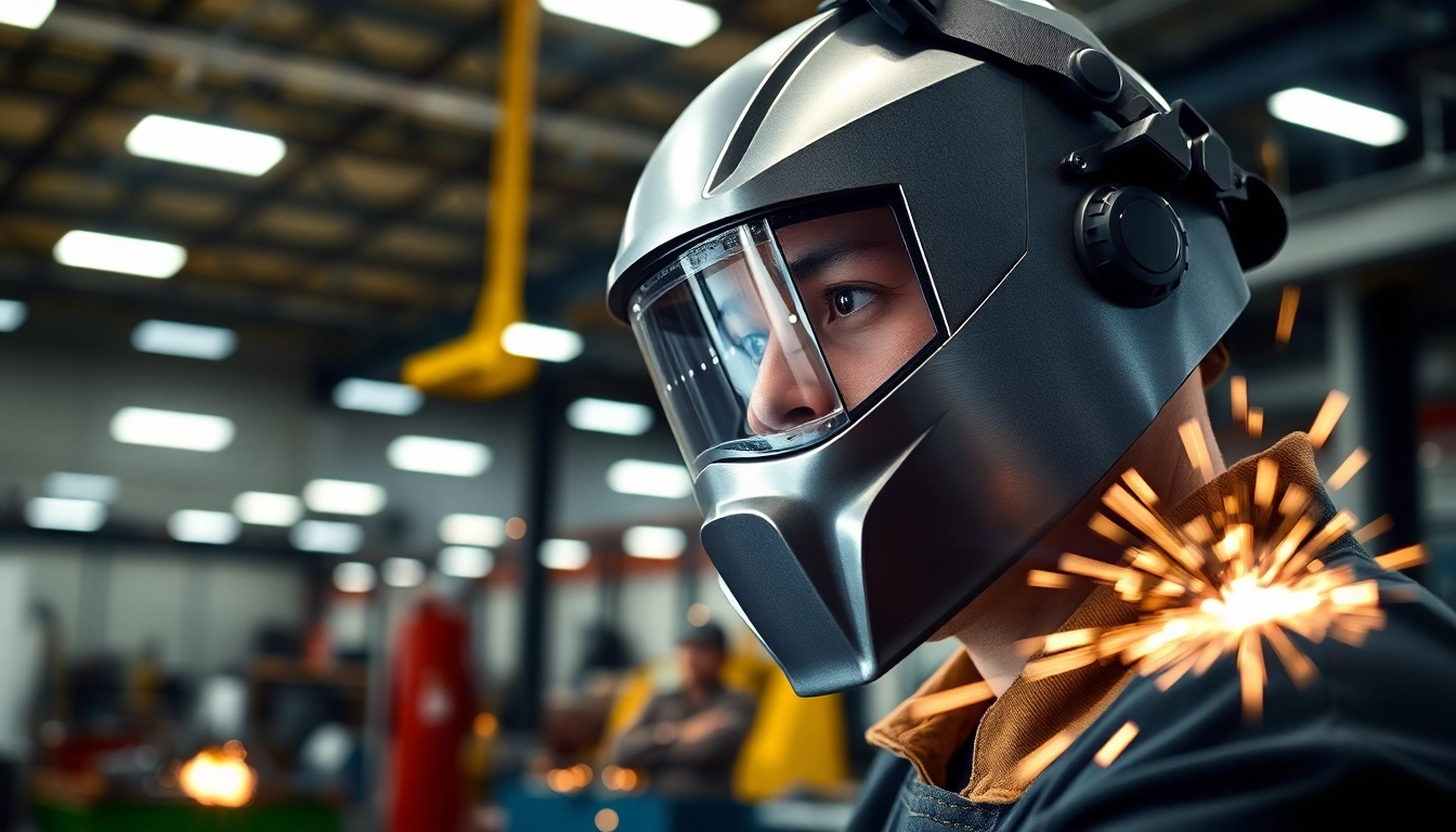 Welder focusing on a speedglas welding helmet with advanced auto-darkening features.
