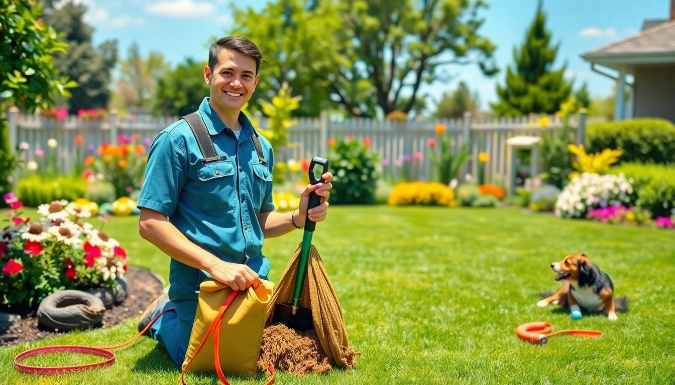 Enjoy professional dog poop pickup services with a smiling technician and a clean yard in the background.