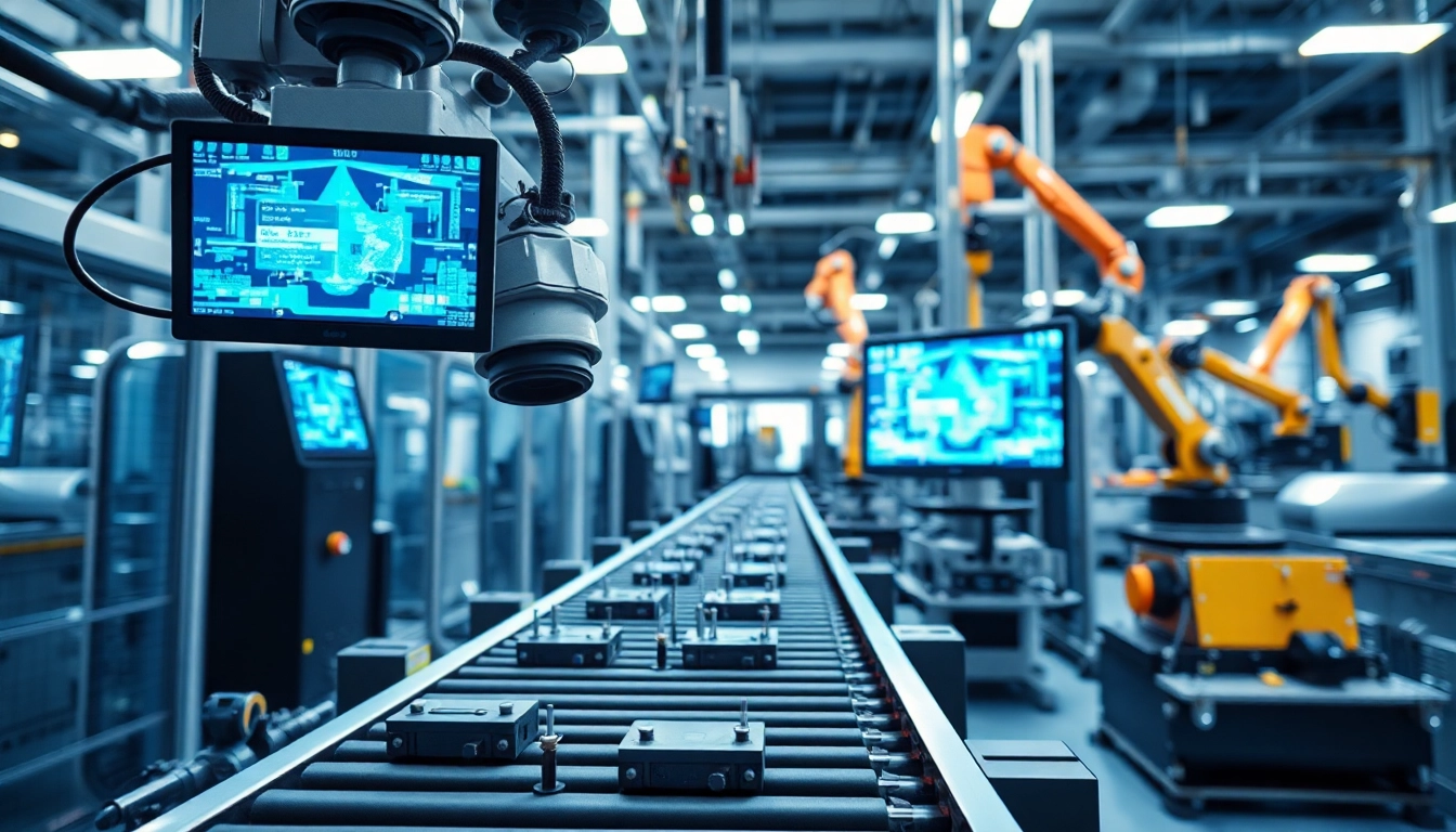 Machine vision examining products on a conveyor belt in a modern industrial setting.