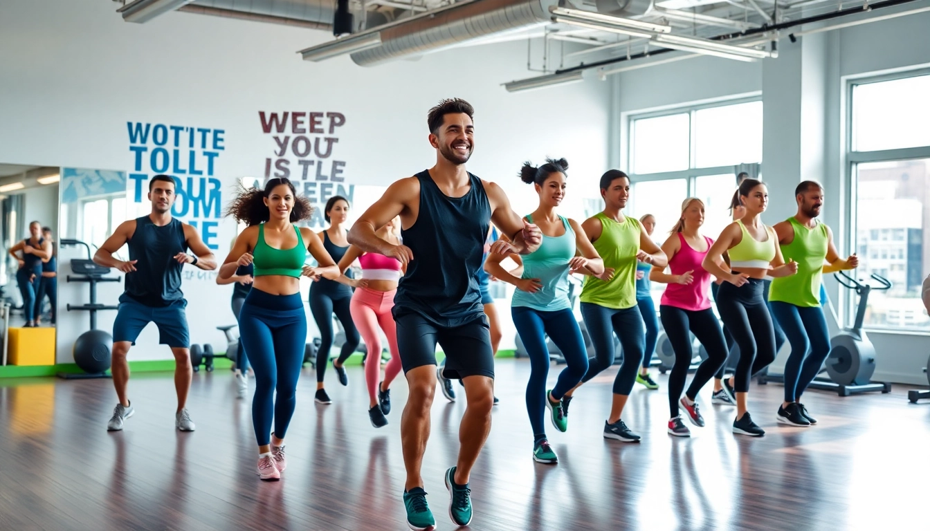 Participants engaged in gym group training, showcasing teamwork and energy in a vibrant fitness studio.