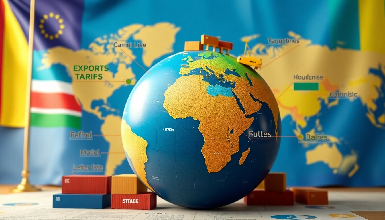 Illustration of export tariffs highlighting global trade regulations and contrasting country tariffs.