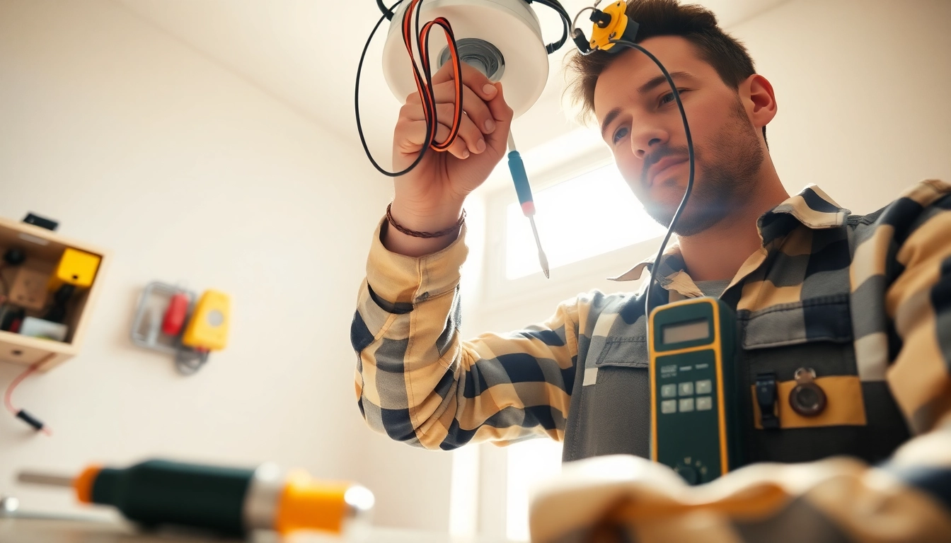 Electrician conducting Electrical Service repairs with tools in a bright residential environment.
