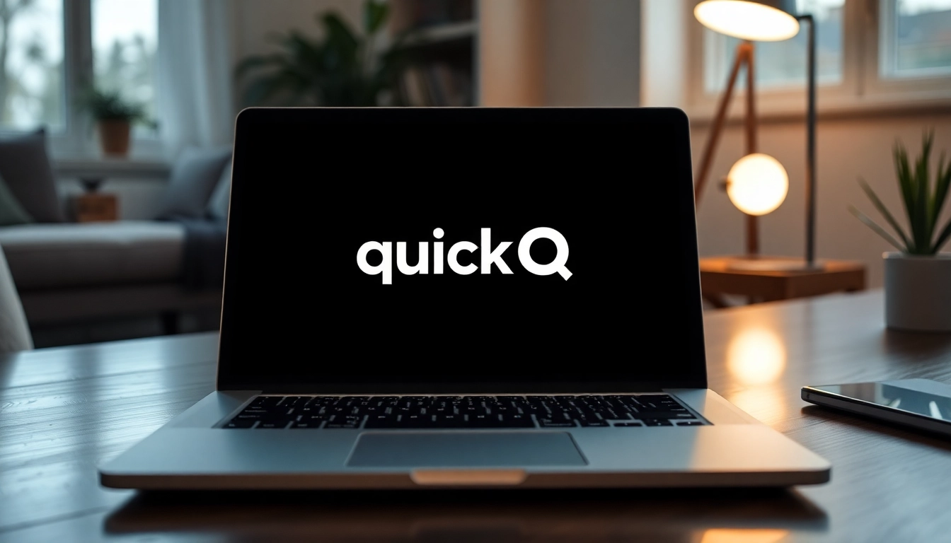 Download quickq电脑版下载 software on a laptop in a stylish workspace.
