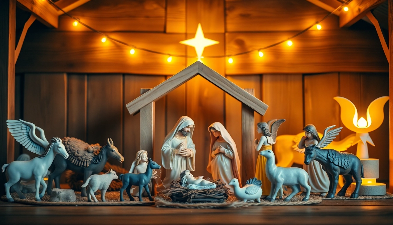 Display of beautifully crafted Nativity sets in a serene Christmas setting with warm lighting.