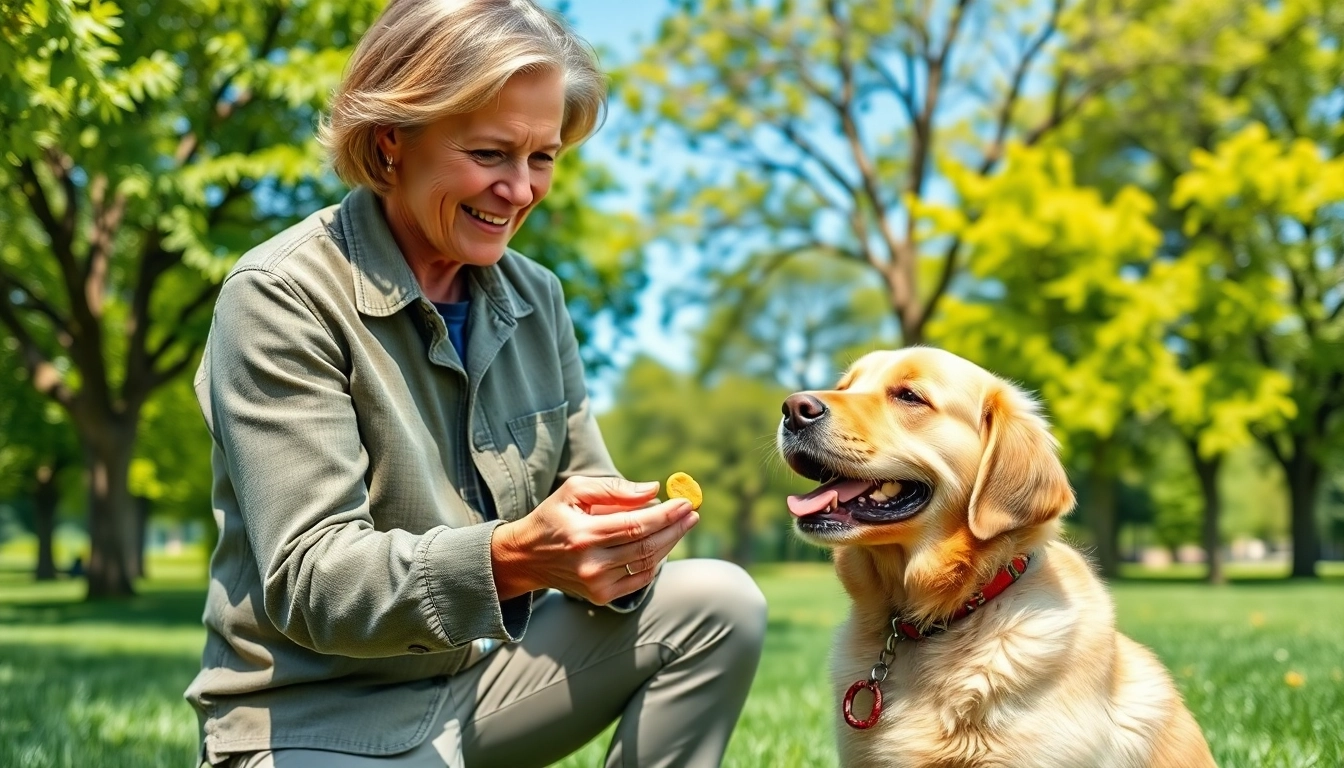 Engaging session of Dog Training Irvine, showcasing a trainer with a playful golden retriever puppy in a park.