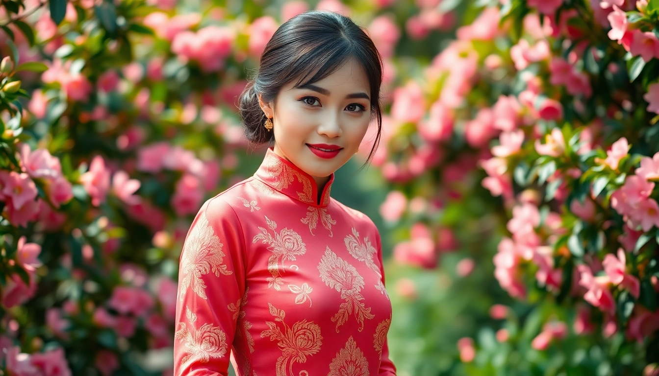 Admiring the beauty of Vietnamese Áo Dài in a vibrant garden setting, showcasing cultural elegance.