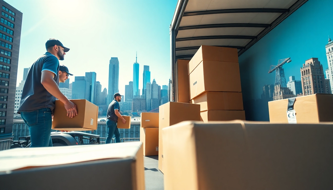 Moving company NYC team packing boxes and furniture efficiently in a vibrant New York City setting.