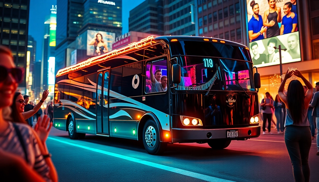 Luxury atlanta party bus hosting an exciting night out with vibrant decorations and happy partygoers.