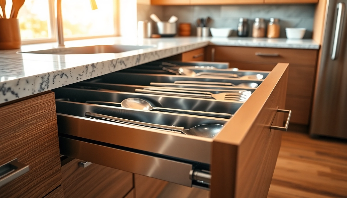 Examine a sleek metal drawer system filled with kitchen utensils, showcasing quality and organization.