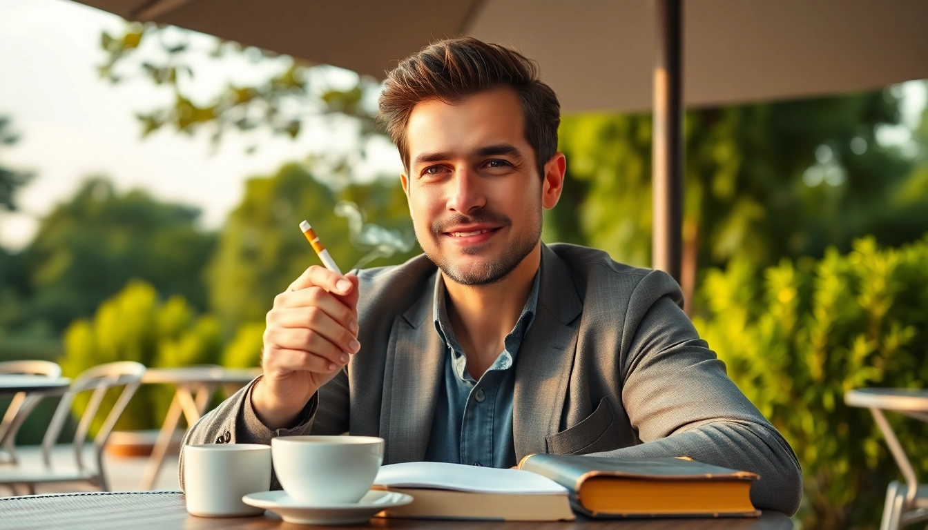 Enjoying nicotine free cigarettes at an outdoor café, symbolizing a smoke-free lifestyle.