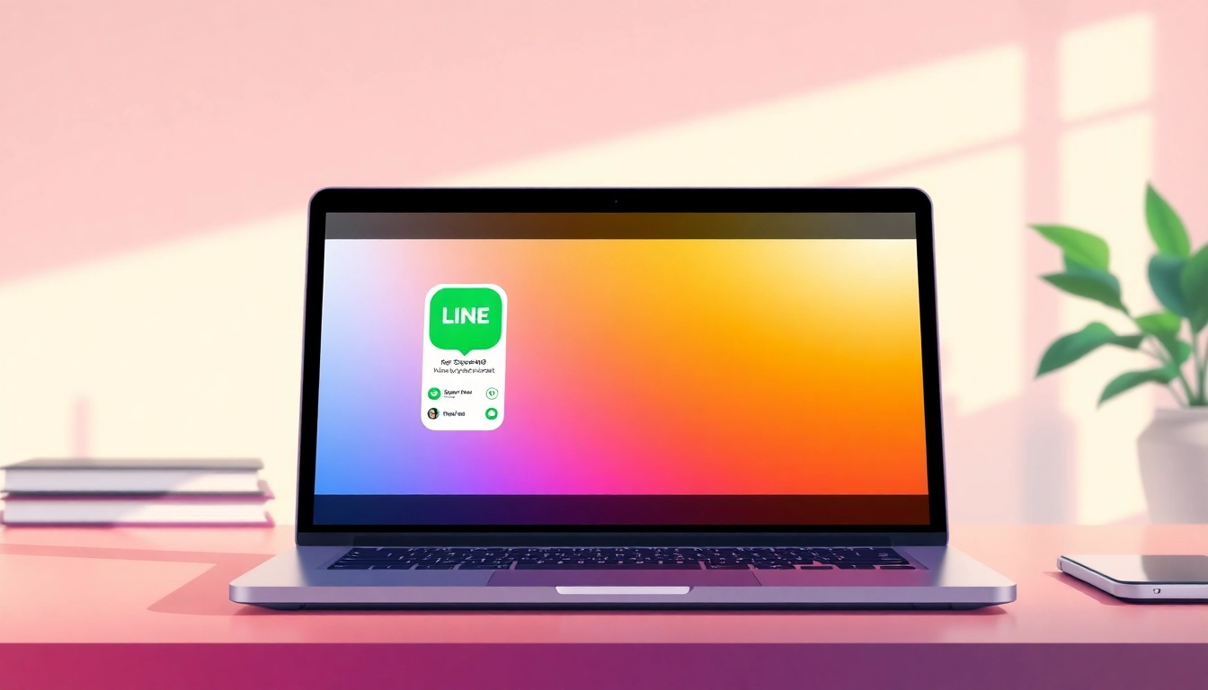 Download the line電腦版官方下載 app on a sleek laptop interface in a modern workspace.