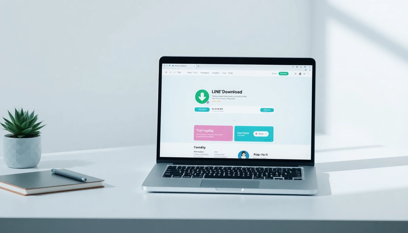 Download line電腦版官方下載 on a sleek laptop in a vibrant workspace.