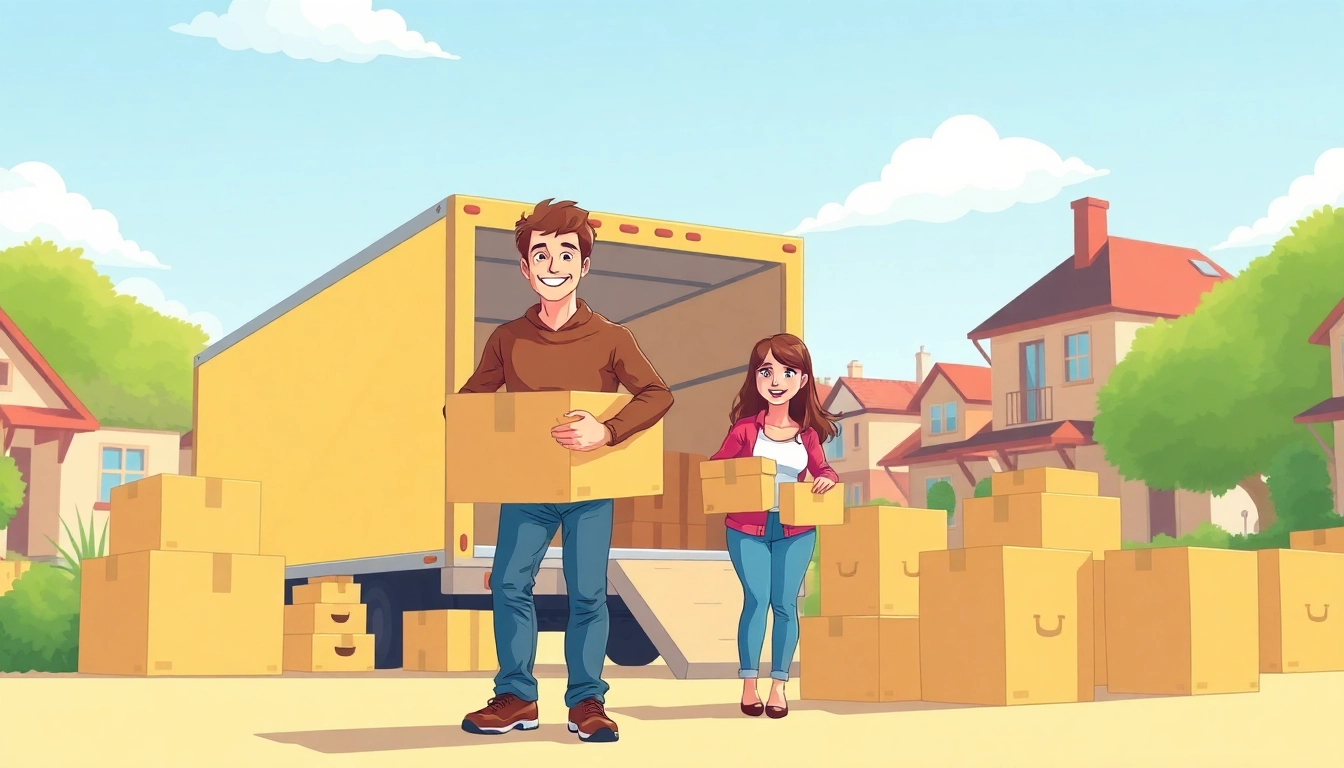 Family happily engaged in house moves surrounded by packed boxes and a moving truck.