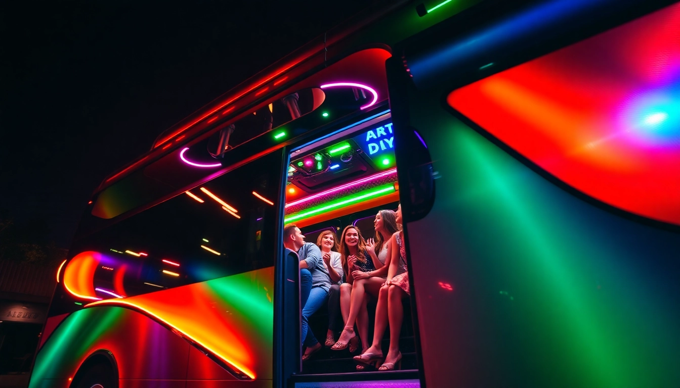 Party inside an Atlanta party bus with vibrant lighting, showcasing a fun celebration atmosphere and stylish interiors.