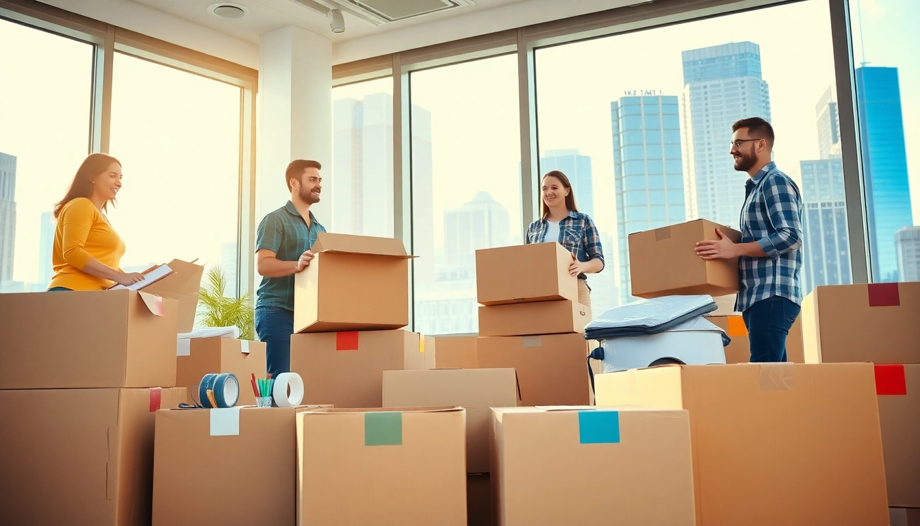 Dedicated Moving company nyc team efficiently packing boxes in a vibrant urban setting.