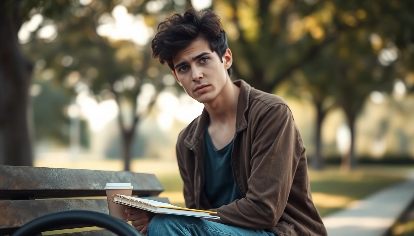 A person dealing with depression while sitting thoughtfully on a park bench surrounded by nature.