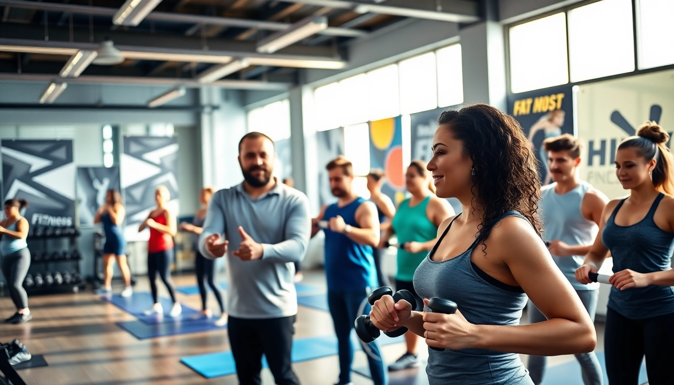 Participants using innovative methods to lose fat under expert guidance in a bright gym.