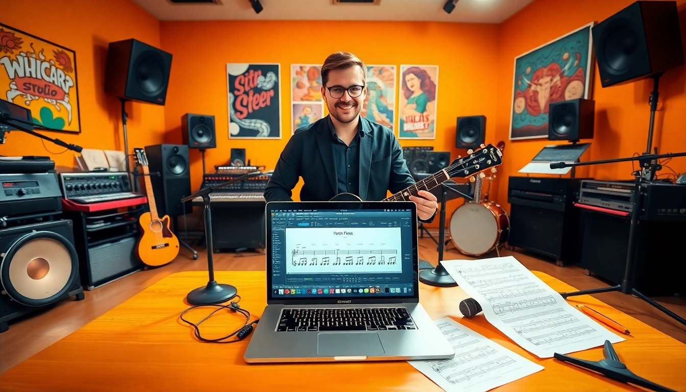 Engaging setup for music pitching, showcasing vibrant studio with instruments and tech.