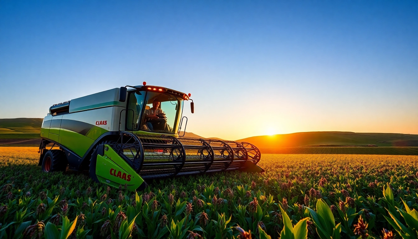 Claas Landmaschinen im Einsatz, unterstützt von reifen Feldfrüchten und sonnigem Wetter.
