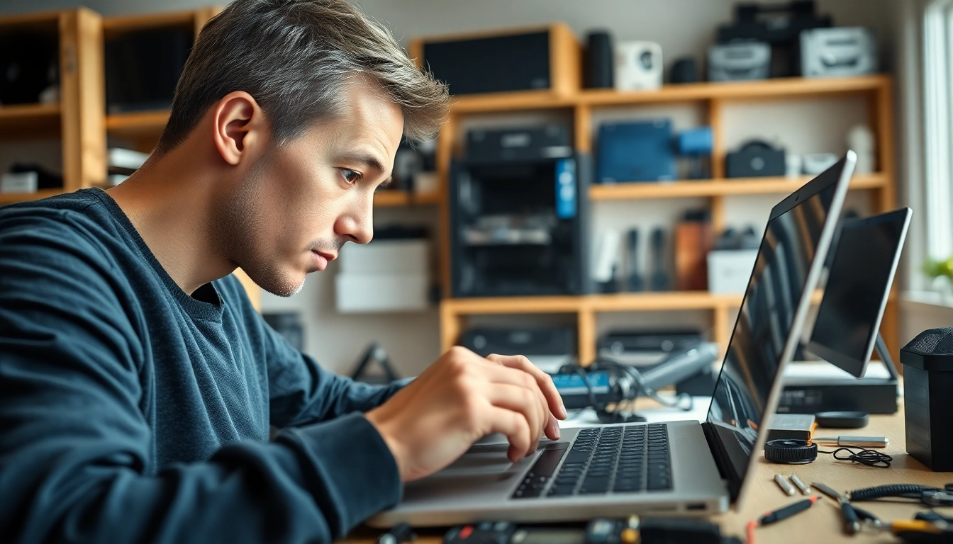 Technician troubleshooting computer repair with tools in a bright workspace.