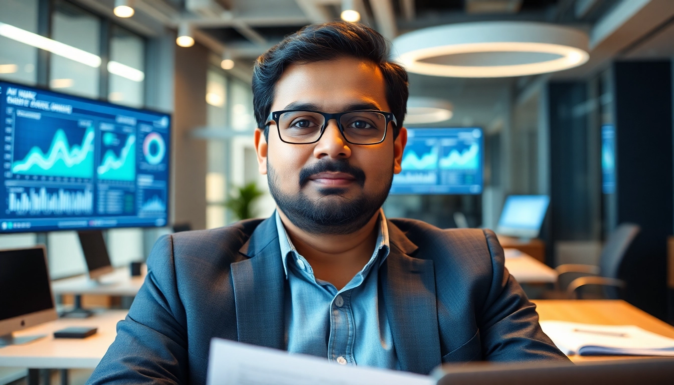 Aravind Srinivas showcases his expertise in AI technology with a focused demeanor in a modern office.